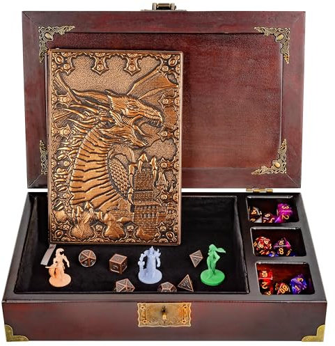 HORNATE DND dice Tray 3 in 1 - DND dice Set Metal with a Wooden Box - DND dice Holder with Storage Organizer | Dice Rolling Tray with DND Books - DND Notebook Journal (200 Page)