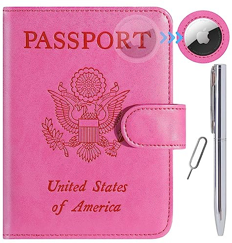Airtag Passport Holder Cover Wallet RFID Blocking Leather Case Travel Essentials Luggage Accessories Travel Must Have(118#Pink)