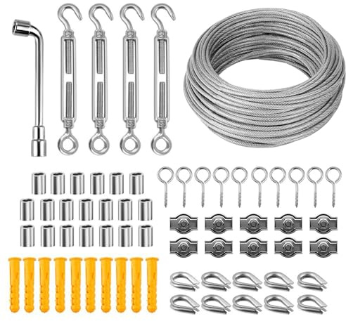 Idota Drahtseil 3mm Edelstahlseil 30 m mit Drahtseil Stahlseil，Seilspanner Edelstahl, Drahtseilklemme, Schraubösen, Seilklemme, Wrench, Drahtseil Kauschen