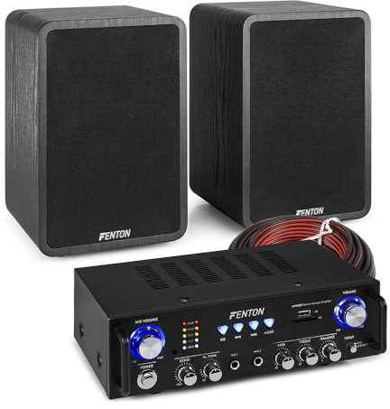 Fenton Bookshelf Audio System with SHFB65 200W HiFi Stereo Speakers & AV100BT Bluetooth Amplifier, Home Stereo Sound System with USB/SD MP3 Playback, Microphone & Echo Controls Included