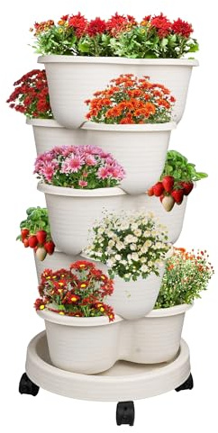 Hourleey Strawberry Planter, 5 Tier Stackable Gaden Tower for Flowers, Vegetables, Grow Your Own Herb Garden Vertical Oasis of Vegetables and Succulents