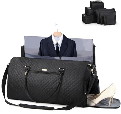 Lekeinchi 2 in 1 Kleidersack Reisetasche Damen, Großer Faltbare Reisetasche Weekender mit 6 Packwürfeln & Schuhfach, Flugzeug Sporttasche Travel Bag Handgepäck Tasche für Weekend, Reise, Gym-Schwarz