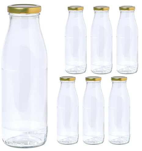 Vitrea 6 leere Glasflaschen 500ml Schraubverschluss Gold - Milchflaschen, Saftflaschen, Flaschen zum Befüllen mit Deckel - für Milch, Saft, Smoothies, Öl - 6 Stück, TO48, Milch