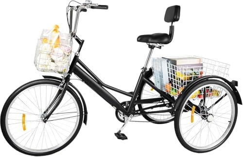 24 Zoll Dreirad für Erwachsene Cruise Bike aus Kohlenstoffreichem Stahl mit 2 Korb, 3 Rad Fahrrad Cityräder 7-Gang Tragfähigkeit 120kg