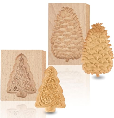 Kaiolbly 2PCS Wooden Christmas Tree & Pinecone 3D Baking Molds - Carved Wooden Biscuit Cutter Cookie Mold for Kitchen DIY Decorating Tool