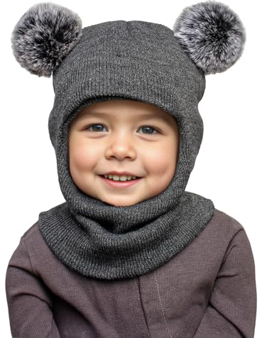 MASOCIO Schlupfmütze Kinder Junge Mädchen Schalmütze Winter Warme Wintermütze Schal Baby Kleinkind Strickmütze 12-18 Monate 2 3 4 5 6 7 Balaclava mit Bommel Beanie Mütze Hat 1-8 Jahre Dunkelgrau