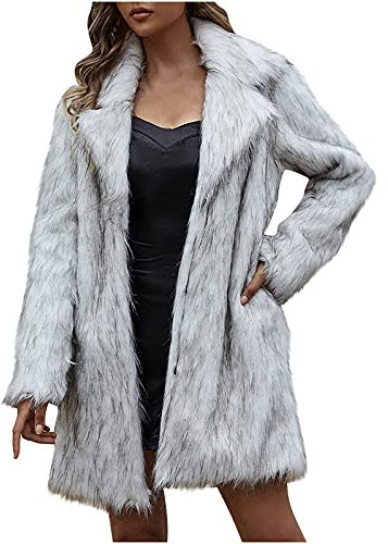 Komiseup Fleecejacke Damen, Winterjacke Damen Lange Winter Pelzmantel Elegant Kunstpelz Jacke Offener Front Wintermantel Dick Plüschjacke mit Kapuze Warme Kunstfell Oberbekleidung Faux Pelz Coat 24