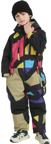 SNBOCON Kids Girls Boys One Piece Ski Suits High Collar Hood Zipper Snowsuits Colorful Jumpsuits Snowboard Waterproof Jackets Winter(90cm,Picasso)