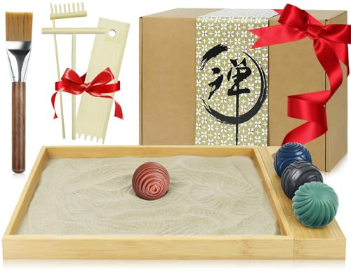Artcome Jpanese - Kit de jardín Zen para escritorio, mini jardín de arena premium con bandeja de bambú, bandeja de arena de meditación con 4 bolas zen y herramientas de rastrillo para relajación