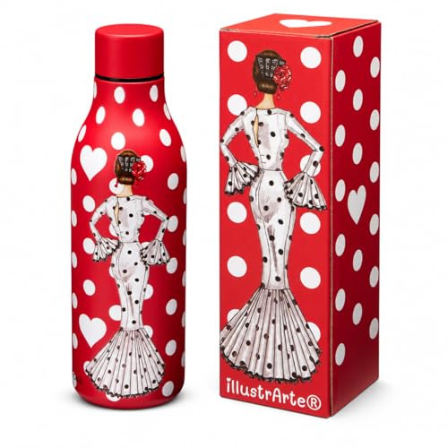 illustrArte Botella Térmica Flamenca María Blanco Fondo Rojo 500 ml | Botella térmica flamenca 500 ml de acero inoxidable sin BPA; regalo para clase, trabajo o viaje.