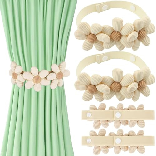 4 Stück 8cm Süß Blumen Gardinen Raffhalter Für Vorhänge, Flexibilität Vorhang Raffhalters Lochfrei Vorhang Halter, Raffhalter Für Gardinen Vorhanghalter for Home Office Wohnzimmer(Beige)