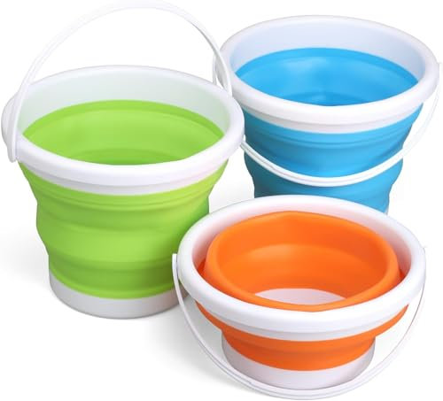 LATERN 3Pcs Foldable Silicone Buckets, 3L Jumbo Sand Beach Toy Pails Collapisible Water Buckets Swimming Pool Toys with Handle for Gardening Travel Fishing Cleaning Camping (Blue, Green, Orange)