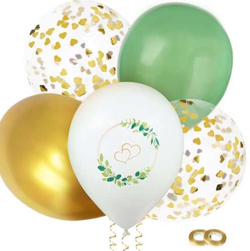BETESSIN 30 Stück Luftballons Hochzeit - Latex Ballons 12 Zoll mit Herz Motiv - Helium Ballons Hochzeit - Hochzeitsballons für Heiratsantrag, Verlobung, Valentinstag, Hochzeitsdeko (Grün, Weiß, Gold)