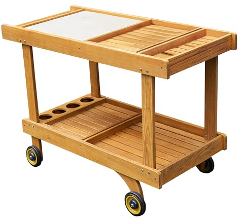 Cambridge Casual Mozaic Teak Outdoor Kitchen Cart, Solid Teak Wood Serving and Prep Station with Natural Finish, Weather-Resistant Utility Cart for Patio, Garden, BBQ, or Outdoor Entertaining Space