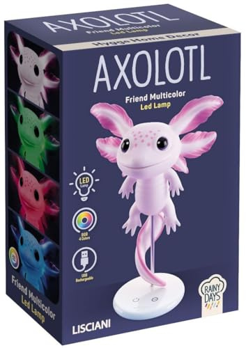 Lisciani - RAINY DAYS - Mångfärgad Axolotl LED-lampa från 12 år - RGB nattljus justerbar intensitet - USB typ C uppladdningsbar - trådlös belysning - dekoration i tonårssovrummet