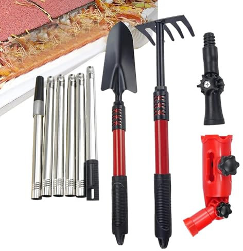 Kit de Nettoyage pour Gouttières - À Angle Réglable avec Pôle et Raclette de Nettoyage - Léger Résistant à la Rouille pour Débris et Feuilles après Intempéries