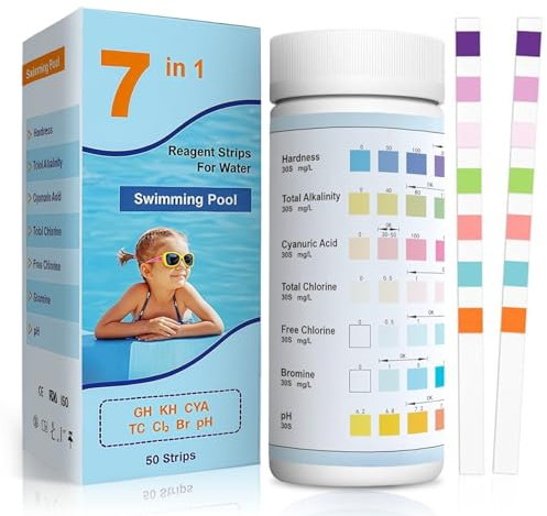 7 en 1 Bandelette Testeur Piscine, Test Eau Potable, 100 Tests pour Analyse Eau de Piscine et Spa : pH– Mesures Fiables et Faciles à Lire