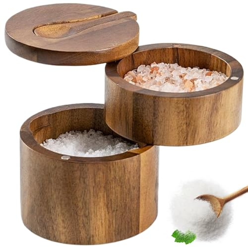 Salt Box with Swivel Lid & Spoon Double-Layer Wooden Salt Box with Lid Compact Stylish Cella with Magnetic Rotating for Spices & Seasonings with Swivel
