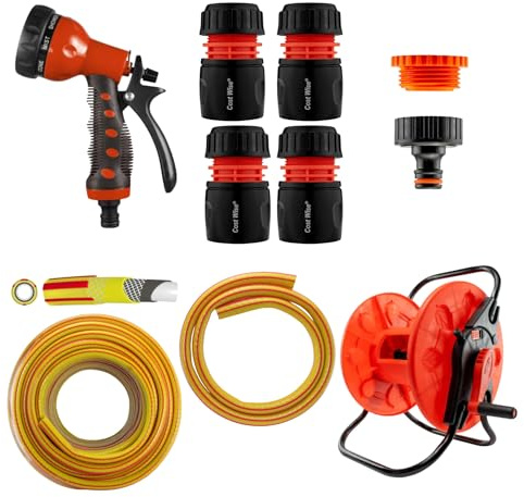 Garden Hose Reel Cart Set with 10m Premium Hose, 8-Pattern Spray Gun, Tap and Hose Connectors - Reel 2 KIT (10 Meter Hose)
