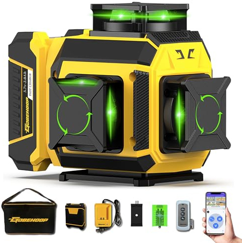 GOBEHOOP 3x360° Self-Leveling Green Laser Level, High Accuracy 12-Line 3D Cross Line Laser Level with LED Digital Display, Tilt/Pulse Mode, Bluetooth Remote Control, Rotary Window, Li-ion Battery
