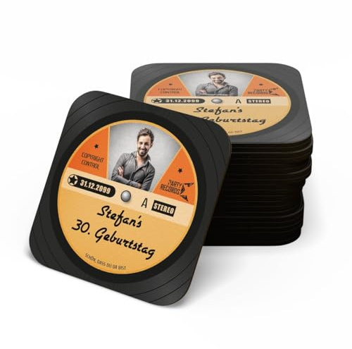 Personalisierte Bierdeckel/Untersetzer 6er Set abwaschbar und Wieder verwendbar - Schallplatte mit Foto - hochwertiges HDF 3mm (gepresstes Holz) mit klarem, intensiven UV-Druck