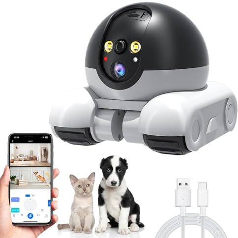 Pet Camera with Intelligent AI Detection, Night Vision, 360° Coverage, 2-Way Talk, Wi-Fi Mobile Robot Camera with Wheels, Rechargeable Battery, Home Surveillance Camera Black