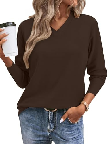 CheChury Femme Pull Col en V Pullover Hiver Mode Chaud Tricot Femme Chic et Elegant Hauts Manche Longue Couleur Unie Cachemire Pull Sweater,Marron,XXL