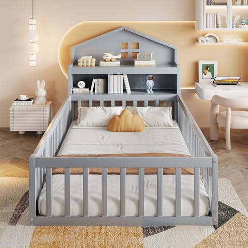 Kinderbett Bodenbett Einzelbett 90x200 mit Stauraum Kopfteil&Tafel, Montessori Bett mit Schutzgitter&Tür, Hausbett Holzbett Jugendbett Bettgestell mit Lattenrost, Ohne Matratze (Grau, 90 x 200 cm)