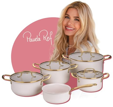 Fackelmann x Pamela Reif 9-Piece Saucepan Set - Recycled Aluminium, Pastel Beige, with Glass Lid, PFAS Free Ceramic Coating, Suitable for Induction Cookers