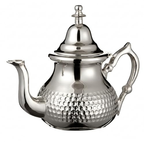 Théière marocaine argentée parfaite pour le thé à la menthe avec couvercle de poignée et filtre intégré authentique avec un design martelé classique fait à la main (taille XL)