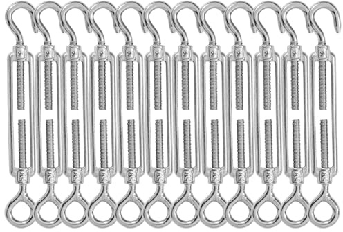 High-PQ Stainless Steel Turnbuckle Tensioner, Heavy Duty Turnbuckles, Hook and Eye Turnbuckle for Cable Tent Installation Sun Shade Gardening Decoration（M5,12PCS）