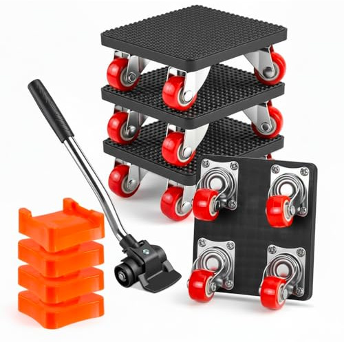 Kit Sollevatore per Mobili Ruote per Spostare Mobili/Oggetti Pesanti con 4 Ruote Girevoli a 360° Carico Massimo 500kg, Rapido, Sicuro, Innovativo Trasporto di Mobili, Lavatrice, Divano, Armadio, Casse