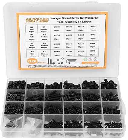 Screw Nut Washer Kit 1220 Pcs Carbon Steel M2 M3 M4 M5 Half Round Head Hex Socket Screws Nuts Washers Set for DIY Projects Home Repairs Professional Use