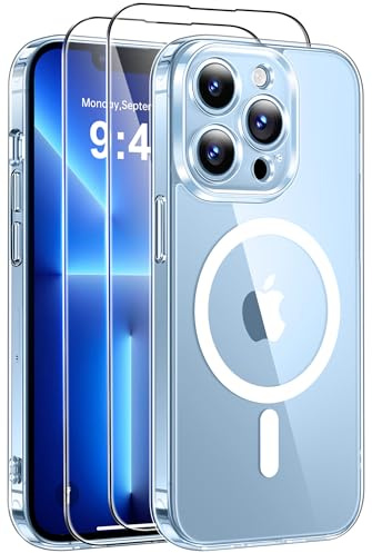 Qasyfanc Magnetisch Hülle für iPhone 13 Pro mit 2 Schutzfolie, Vollständiger Kameraschutz, Handyhülle Kompatibel mit MagSafe, Anti-Vergilbung Rückseite Schutzhülle Kratzfest Stoßfest Case Transparent