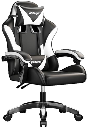 VitaForge Silla Gaming Ergonómica de Oficina con Soporte Lumbar y Reposacabezas Ajustable - Silla Gamer Reclinable 135° en Cuero PU para Adultos y Niños (Black/White)