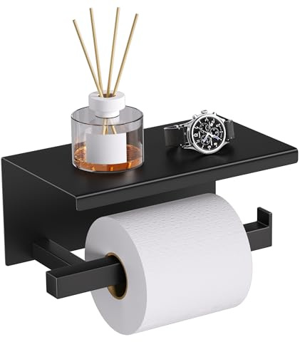 YACVCL Bathroom Toilet Paper Holder with Phone Shelf Matte Black | Toilet Roll Holder Wall Mounted SUS 304 Stainless Steel Modern Tissue Roll Holders for Bathroom Kitchen Washroom