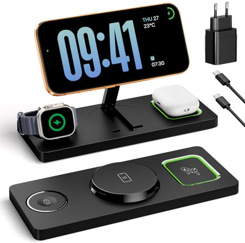 Eddibox 3 in 1 MagSafe Ladestation iPhone Apple Watch, Faltbar Induktive Ladestation Kompatibel mit MagSafe Ladegerät für iPhone 17/16/15/14/13/12, Apple Watch & AirPods (inkl. 20W Adapter) - Schwarz