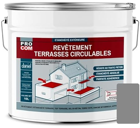 PRO COM Peinture, résine d'étanchéité imperméabilisation terrasse circulable, balcon, sols extérieurs, béton, plusieurs coloris 10 litres