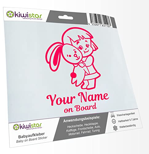 Babyaufkleber - Neonpink - Mädchen Hase Sticker - mit Wunschtext individuell personalisiert + on Board 15cm - für Auto, Motorrad, Fahrrad, Tuning