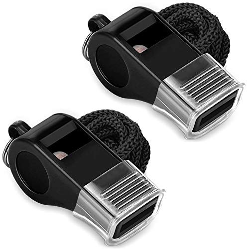 Lot de 2 sifflets de sport avec lanière et poignée de bouche, son fort et net, sifflets en plastique noir, idéal pour les entraîneurs, les arbitres et les officiels