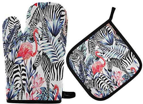 Oven Gloves and Pot Holders Set Pink Flamingo Zebra Blue Palm Leaf Oven Mitts Heat Resistant to 400 F Kitchen Non-Slip Grip Oven Gloves for Microwave BBQ Cooking Baking Grilling