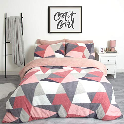 Dreamscene Shapes Thermal Teddy Fleece Duvet Cover with Pillowcase Soft Warm Fluffy Bedding Set Bedspread Duvet Cover, Blush Pink / White - 3pcs, King