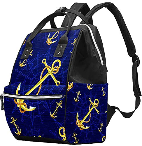 Wickeltasche mit goldenem Anker und blauem Windkompass, große Kapazität, Babytasche, multifunktional, Reiserucksack, Wickeltasche, Stilltasche für Babypflege