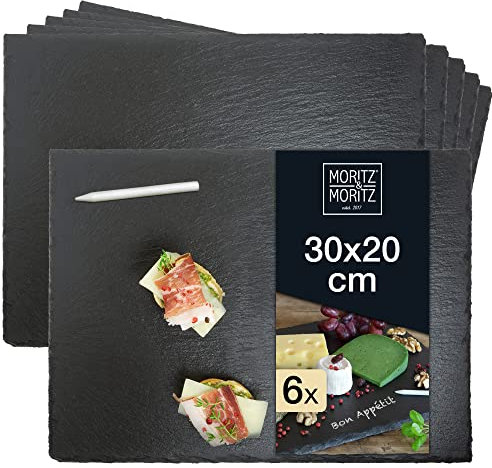 Moritz & Moritz 6 x Schieferplatte Servierplatte 30x20 cm mit Kreidestift - Schieferplatte 30x20 - Schieferplatten fürs Buffet, Sushi und Käse - Zum Anrichten und als Deko - Servierplatten Schiefer