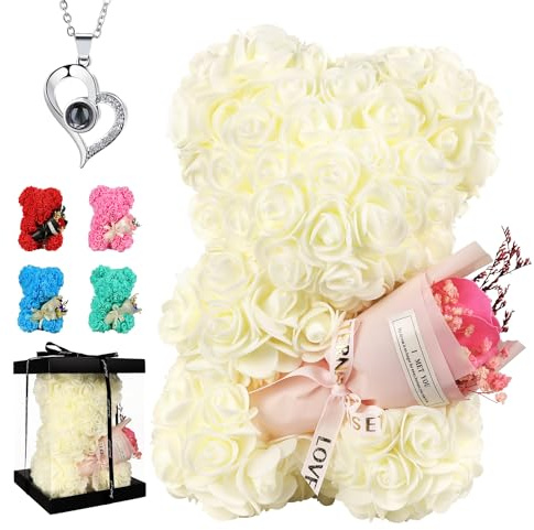 Regalo da donna con orso rosa in peluche con bouquet di rose e collana, perfetto per San Valentino, compleanno festa delle mere, colore: bianco