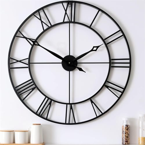 Samilito Große Wanduhr im Vintage-Stil, rund, geräuschlos, schwarz. Gratis dazu EIN Extraset Uhrzeiger in Gold. Die Metalluhr für Loft, Wohnzimmer, Schlafzimmer und Küchendekoration (Schwarz). (76cm)