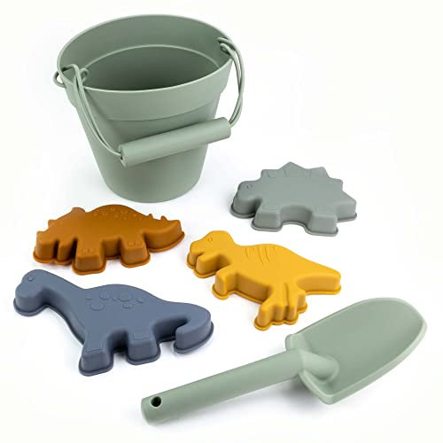 Olgs Dino Sandspielzeug Set Silikon 6-teilig - Eimer, Schaufel, Dinosaurier-Förmchen - Für Jungen ab 1 Jahr - Ideal für Strand & Sandkasten