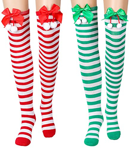 BBTO 2 Paires de Chaussettes Longues de Noël Chaussettes Montantes de Costume pour Femme (Rayé Blanc Rouge, Rayé Blanc Vert)