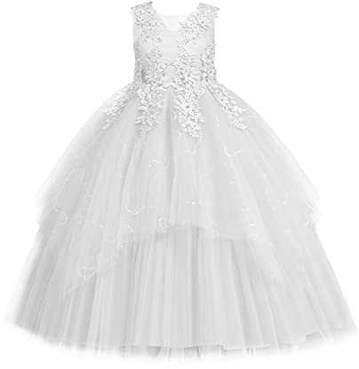 Lolanta Prinsessklänning för flickor, vit, festlig, för bröllop, nattvard och parad, blomsterflicksklänning, party, A-linje, golvlång balklänning av satin, tyllklänning, broderade spetspärlor