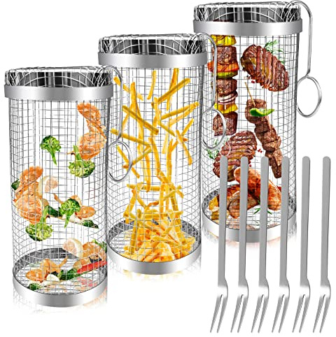 3 Stück Rolling Grillkorb,Grillkorb Edelstahl mit 6 Gabel,Rollender Grillkorbs,Grill Korb mit Griff,Grill Rack Rund Grillhalter Rotisserie BBQ Grillkorbs,Grillkochzubehör Für Außengrill Gemüse Camping